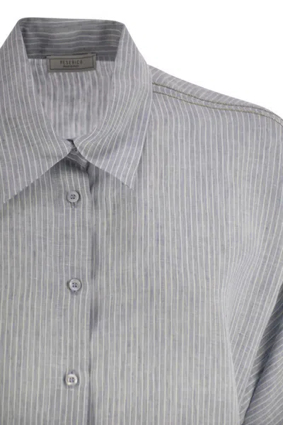 Peserico Women Pure Linen Striped Canvas Shirt In Blue