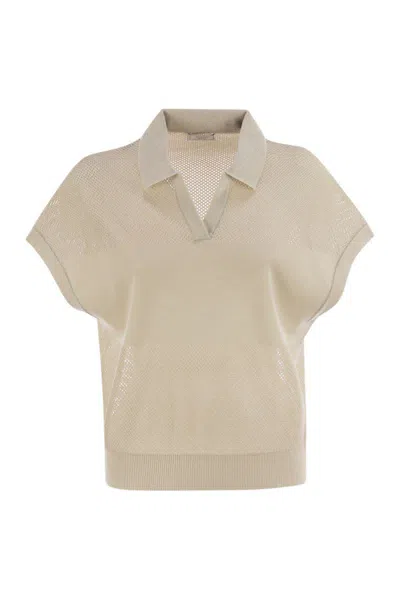 Shop Peserico Tricot Polo Shirt In Pure Cotton Crepe Yarn In Beige