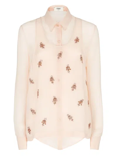 Fendi Women Georgette Top With Rhinestones And Sequins Embroidery In Multi