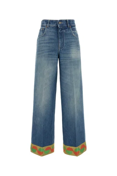 Valentino Wide Leg High Waist Jeans With Colorful Trim In Medium Blue