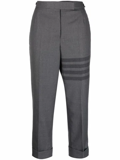 Thom Browne Cropped Trousers With Striped Pattern And Button Detailing In Grey