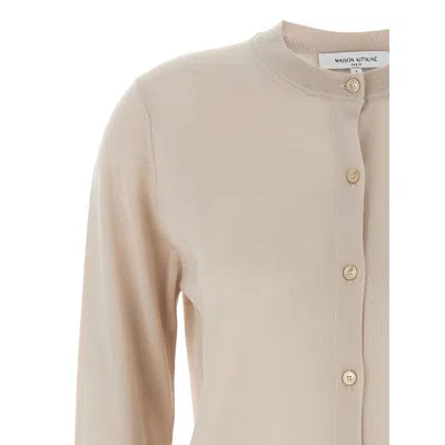 Maison Kitsuné Beige Cropped Cardigan With Round Neck And Logo Embroidery On The Front In Wool Woman