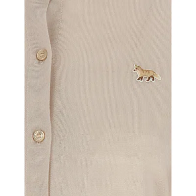 Maison Kitsuné Beige Cropped Cardigan With Round Neck And Logo Embroidery On The Front In Wool Woman