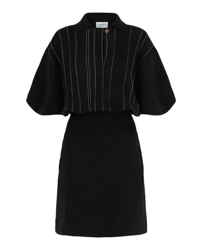 Ferragamo Woman Midi Dress Black Size L Virgin Wool In Blue