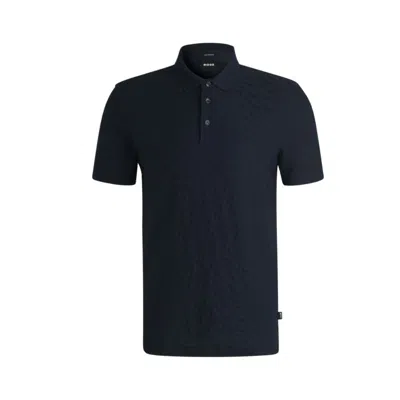 Hugo Boss Mercerized-cotton Polo Shirt With Jacquard Pattern In Blue
