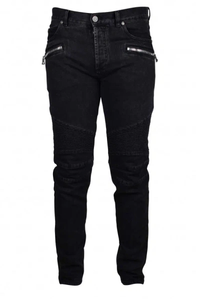 Balmain Slim Cut Ribbed Faded Cotton Jeans In Black