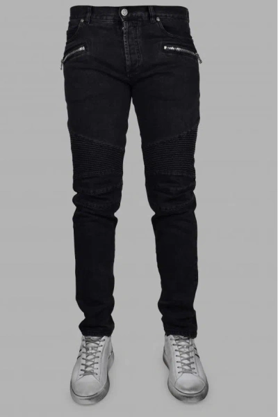 Balmain Slim Cut Ribbed Faded Cotton Jeans In Black
