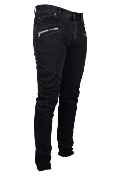 Balmain Slim Cut Ribbed Faded Cotton Jeans In Black