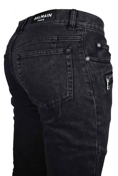 Balmain Slim Cut Ribbed Faded Cotton Jeans In Black