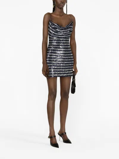 Balmain Babydoll Cowl Neck Glitter Short Dress In Blue