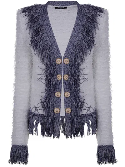 Balmain Women's Collarless Glittered Fringed Tweed Jacket In White