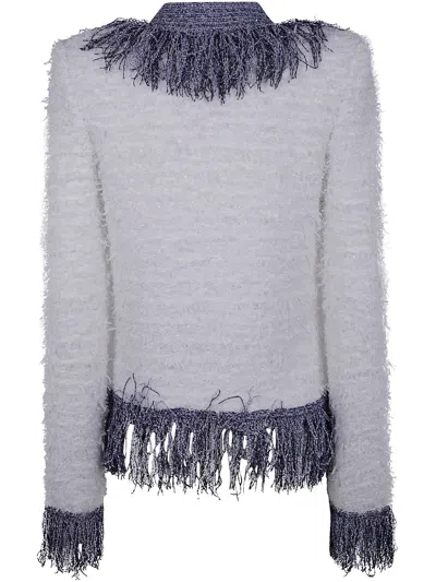 Balmain Women's Collarless Glittered Fringed Tweed Jacket In White