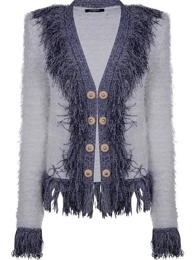 Balmain Women's Collarless Glittered Fringed Tweed Jacket In White