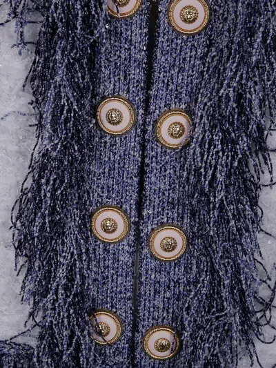 Balmain Women's Collarless Glittered Fringed Tweed Jacket In White