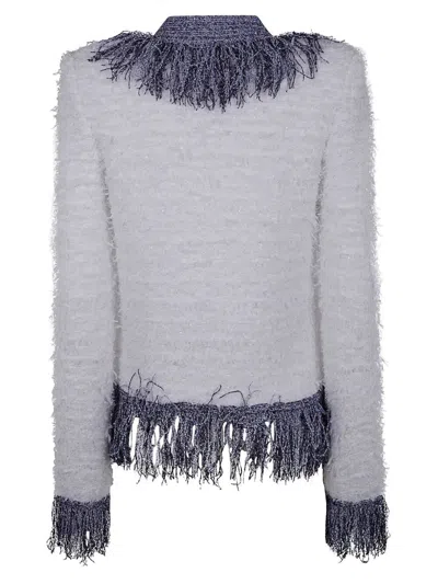 Balmain Women's Collarless Glittered Fringed Tweed Jacket In White