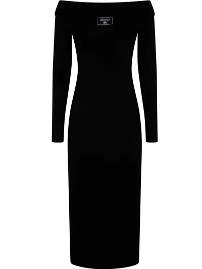 Balmain Double Collar Knit Zipped Midi Dress In Black