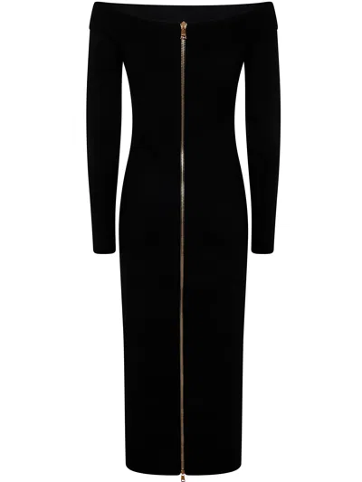 Balmain Double Collar Knit Zipped Midi Dress In Black