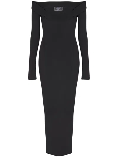 Balmain Double Collar Knit Zipped Midi Dress In Black