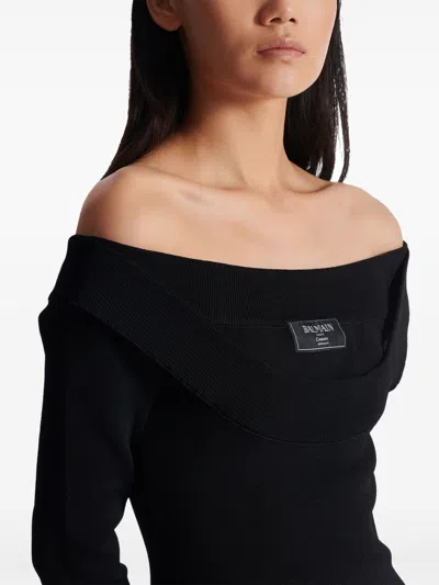 Balmain Double Collar Knit Zipped Midi Dress In Black