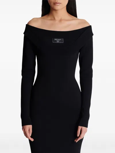 Balmain Double Collar Knit Zipped Midi Dress In Black
