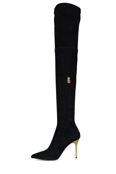 Balmain Moneta Monogram Mesh Over-the-knee Boots In Black