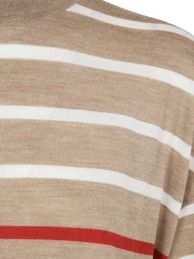 Brunello Cucinelli Crew Neck Striped Short Sleeves Sweater In Brown
