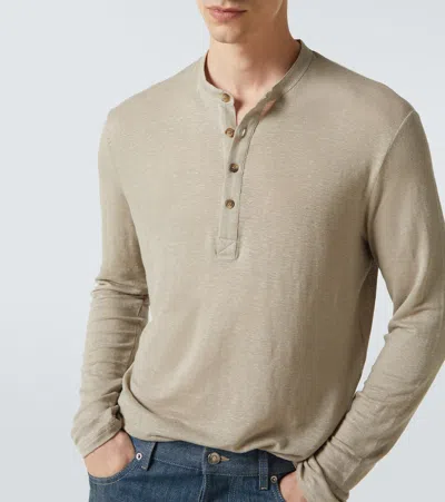 Thom Sweeney Linen-blend Henley Shirt In Beige