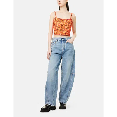 Gucci Orange Top With Spaghetti Straps And All-over Horsebit Print In Cotton Woman In Animal Print