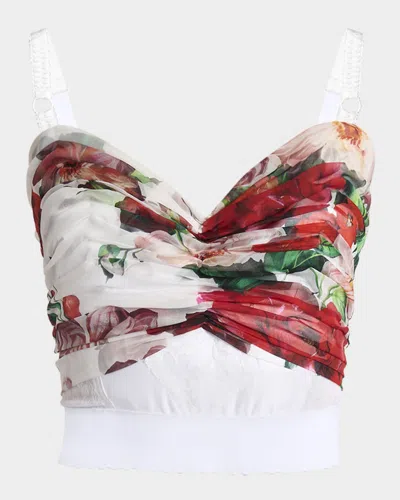 Dolce & Gabbana Bustier Top In Marquisette And Chiffon With Rose Print In White