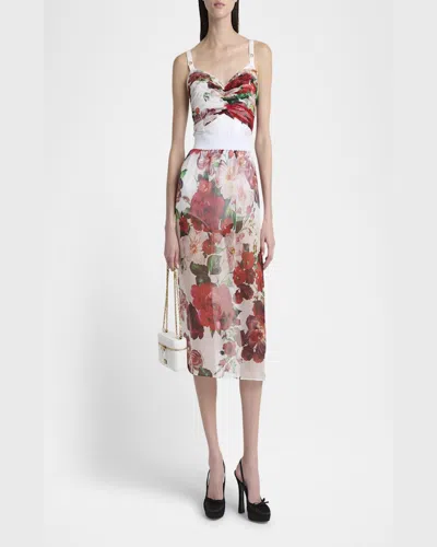 Dolce & Gabbana Bustier Top In Marquisette And Chiffon With Rose Print In White