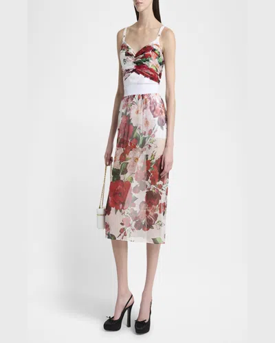 Dolce & Gabbana Bustier Top In Marquisette And Chiffon With Rose Print In White
