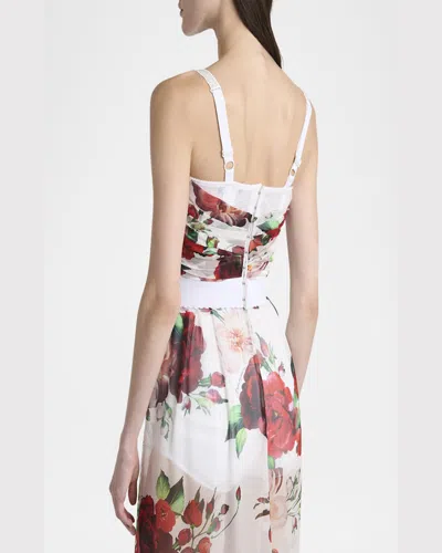 Dolce & Gabbana Bustier Top In Marquisette And Chiffon With Rose Print In White