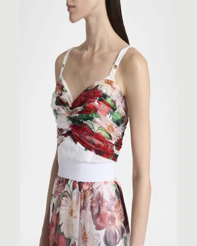 Dolce & Gabbana Bustier Top In Marquisette And Chiffon With Rose Print In White