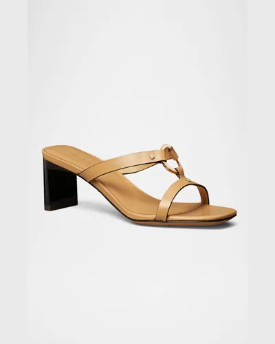 Tory Burch Leather Ring Heeled Slide Sandals In Cantucci