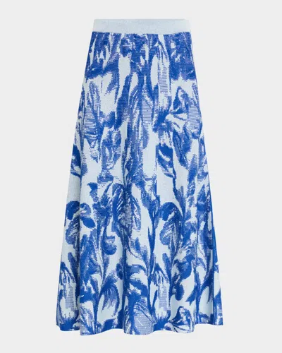 Misook Heritage-fit Floral Jacquard Knit Midi Skirt In Aegean Blue/aquatic