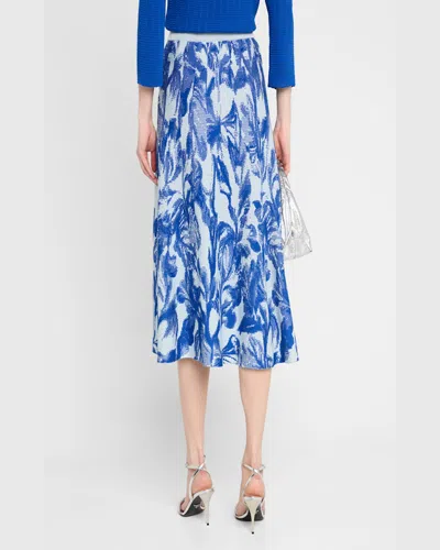 Misook Heritage-fit Floral Jacquard Knit Midi Skirt In Aegean Blue/aquatic