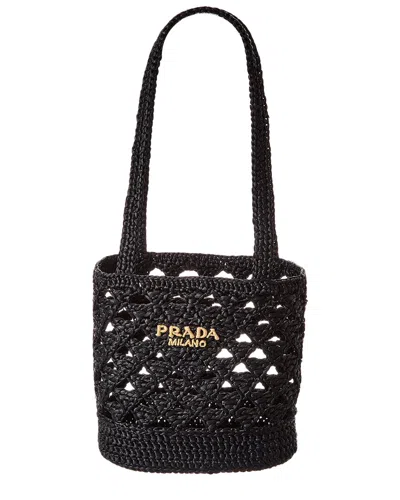 Prada Straw Tote Bag With Knit Design And Shoulder Straps In Black