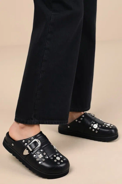 Lulus Briten Black Studded Flatform Buckle Mule Slides In Black