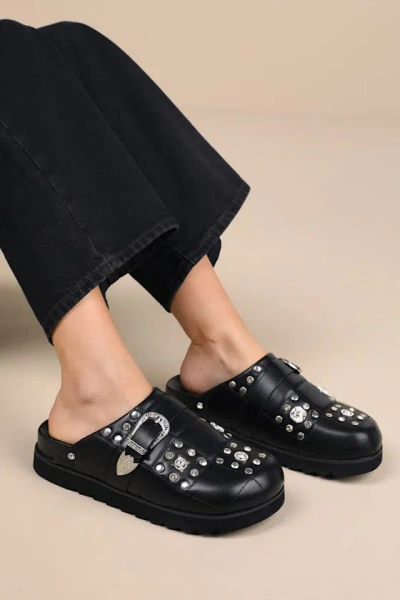 Lulus Briten Black Studded Flatform Buckle Mule Slides In Black