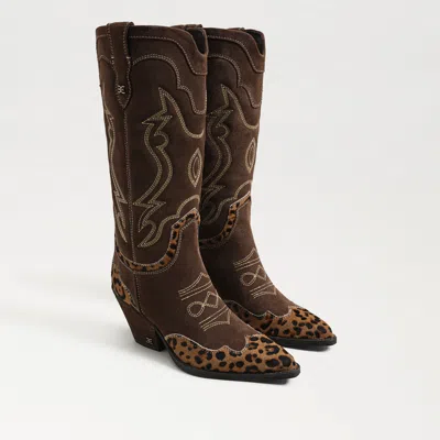 Sam Edelman James Wide Calf Western Boot Chocolate/tan Leopard Suede In Brown