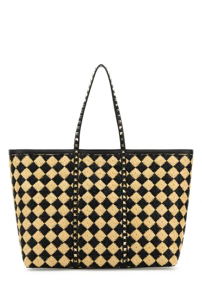 Valentino Garavani Embroidered Raffia Rockstud Shopping Bag In Neutral