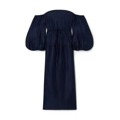Rosie Assoulin Balloon-sleeve Off-the-shoulder Linen Midi Dress In Blue