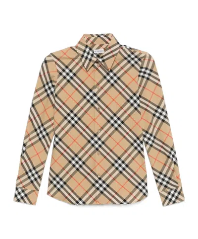 Burberry Cotton Shirt With Check Motif In Nude