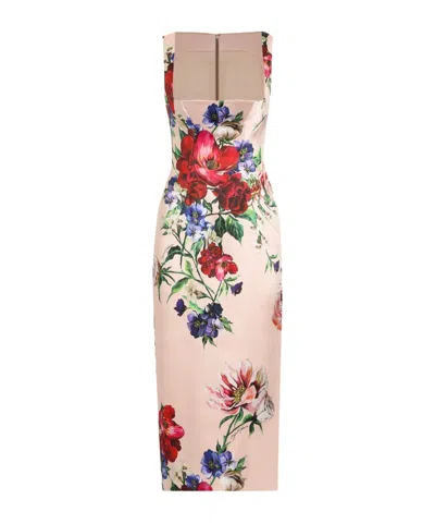 Dolce & Gabbana Flower Print Satin Sheath Longuette Dress In Nude