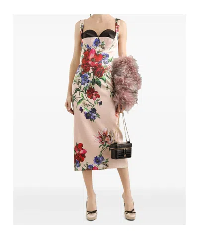 Dolce & Gabbana Flower Print Satin Sheath Longuette Dress In Nude