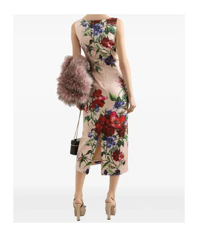 Dolce & Gabbana Flower Print Satin Sheath Longuette Dress In Nude