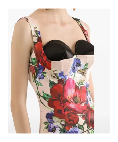 Dolce & Gabbana Flower Print Satin Sheath Longuette Dress In Nude