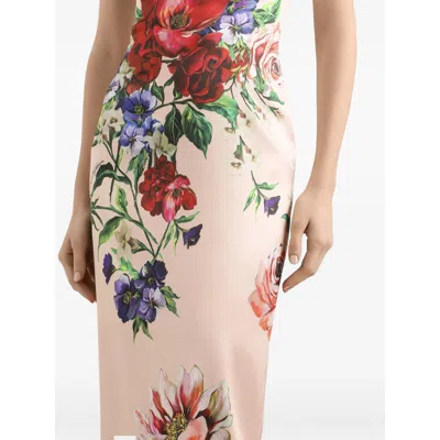 Dolce & Gabbana Flower Print Satin Sheath Longuette Dress In Nude
