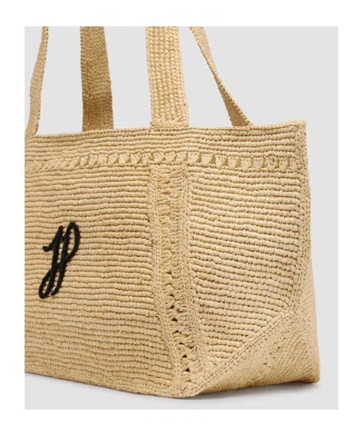 Patou Structured Raffia Tote Bag With Intricate Detailing In Vanilla