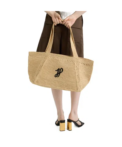 Patou Structured Raffia Tote Bag With Intricate Detailing In Vanilla